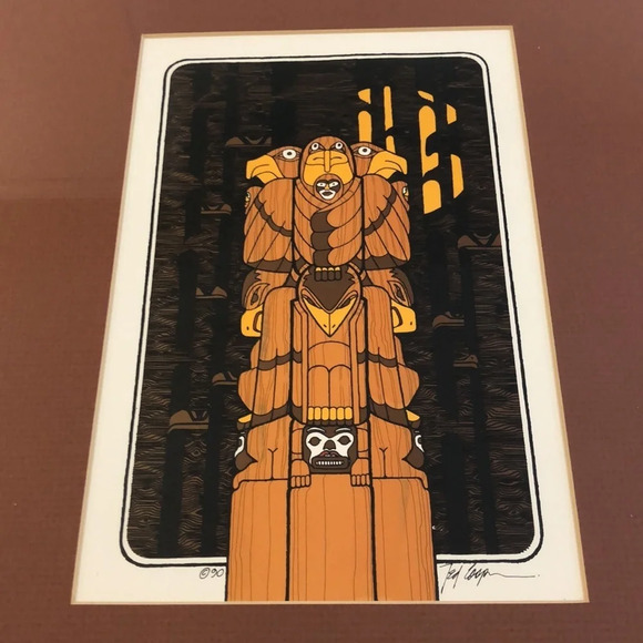 Indigenous totem Pole art print signed 1990  framed - Picture 5 of 8